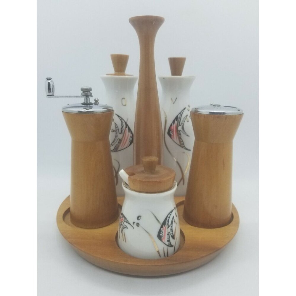 Woodpecker WoodWare Condiment Caddy Angel Fish Cruet Set Mid Century